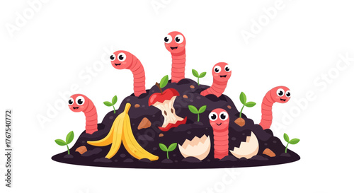 Illustration of happy worms emerging from a compost pile with food scraps like banana peel, apple core, and eggshells.