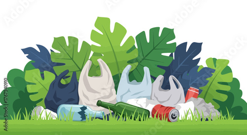 Illustration showing plastic bags, glass bottles, and aluminum cans discarded in a natural environment with green foliage.