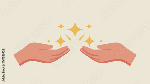 Two hands facing upwards with golden stars and light rays emanating from the center on a cream background