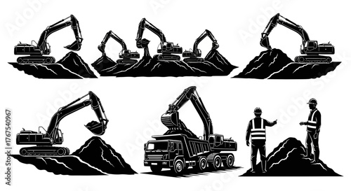 A vector illustration featuring multiple excavators digging into piles of earth, alongside a dump truck and construction workers.