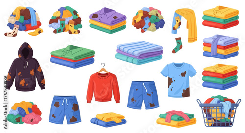 Cartoon illustration of various piles and stacks of clean and dirty clothing, including shirts, pants, towels, and a hoodie, some with mud stains.
