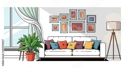 Cozy interior scene featuring a white sofa, cushions, window, houseplant, and artwork arrangement
