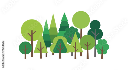 Stylized diverse forest canopy illustration with geometric tree shapes and greenery