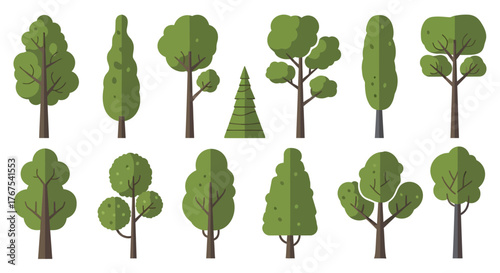 Diverse vector tree collection showcasing various shapes and styles in stylized greenery design
