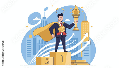 Successful businessman in a superhero cape standing on a winner's podium holding a torch and medal, symbolizing achievement, success, and high performance in the corporate world with city skyline and