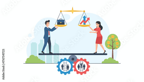Conceptual illustration of gender equality in the workplace, with a man and woman balancing a scale representing career opportunities, growth charts, and financial success, symbolizing equal