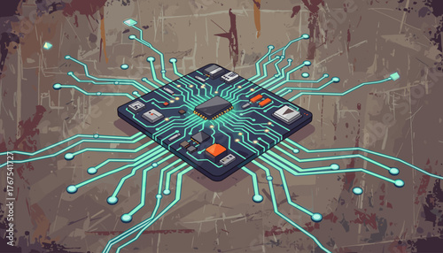 Futuristic electronic circuit board with glowing cyan traces and integrated components, symbolizing technology, data flow, and digital connections against a grunge, textured background, representing