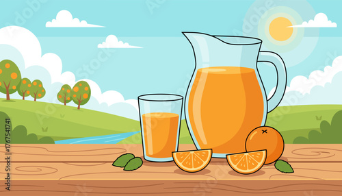 Refreshing glass and pitcher of fresh orange juice with whole and sliced oranges and mint leaves on a wooden table, set against a vibrant green landscape with orange trees, a river, and a sunny sky