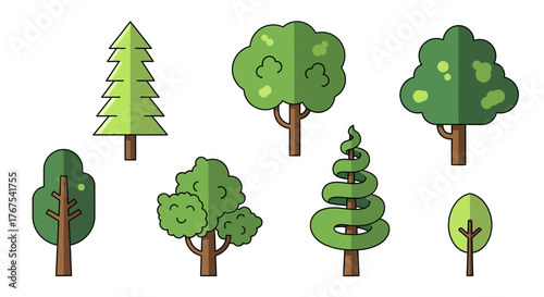 Vector illustration with assorted trees, creating a whimsical arboreal landscape perfect for