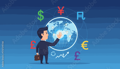 Dynamic illustration of a businessman interacting with a global currency exchange concept, featuring currency symbols like dollar, yen, euro, and pound, connected to a stylized world map, symbolizing