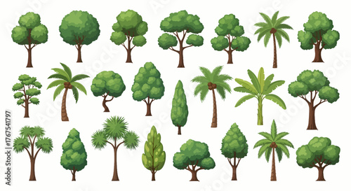 Diverse stylized tree collection showcasing various shapes and species on a white backdrop