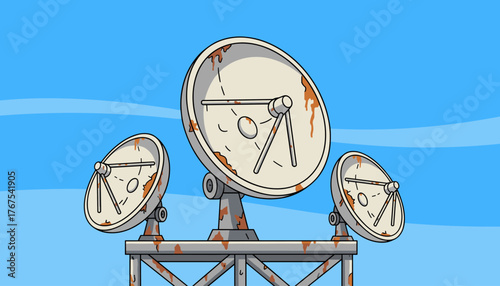 Three rusty, old, white satellite dishes are mounted on a metal structure against a bright blue sky with wispy white clouds, conveying a sense of outdated technology and communication.