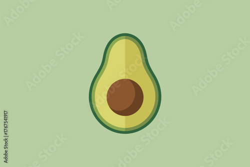 Illustration of a halved avocado with a brown pit against a pale green background in simple style