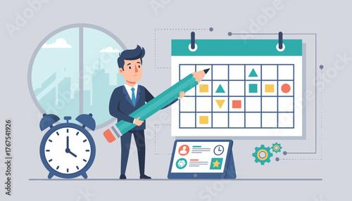 Business professional planning a schedule with a giant pencil, standing next to an alarm clock and a digital tablet displaying tasks, symbolizing effective time management and organization in a
