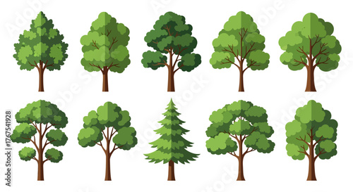 Collection of diverse cartoon tree illustrations in vector format for ecological themes