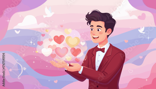 Charming young man in a maroon suit and bowtie, holding a cloud of glowing, colorful heart-shaped bokeh lights and sparkles, with doves and a cupid's bow in the background, symbolizing love and