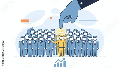 Human resource management concept, a large hand points to a standout employee in a crowd, symbolizing selection, leadership, and career advancement with a crown above the chosen individual and a