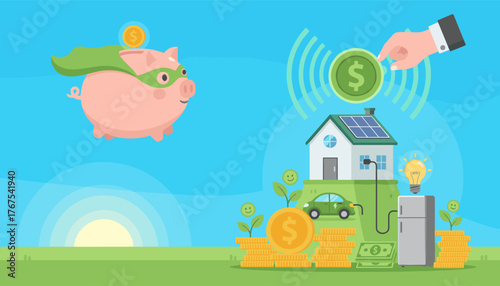 Vibrant flat vector illustration depicting a superhero piggy bank soaring towards a modern house with solar panels, symbolizing energy and money saving concepts, alongside an electric car, stacks of