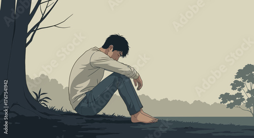 A solitary figure sits beneath a tree, embodying a sense of introspection and emotional weight.