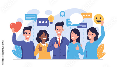 Diverse group of happy people celebrating success and positive feedback online, with social media icons, speech bubbles, a heart, a lightbulb, and a smiley face, representing teamwork, community