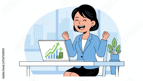 Joyful Asian businesswoman celebrating financial success with a laptop displaying a rising stock market graph and stacks of coins, symbolizing growth and achievement in a modern office setting with