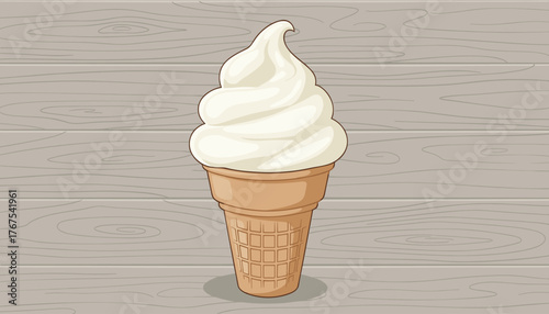 A delicious and creamy soft-serve vanilla ice cream cone, presented on a rustic, weathered wooden background, evoking a sense of simple pleasure and summer refreshment, perfect for food-related
