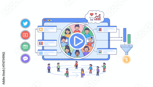 Conceptual illustration of digital marketing strategy, showing social media icons, a video player interface with diverse people, and a sales funnel leading to a dollar sign, representing customer