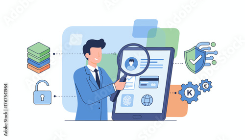 Know Your Customer concept illustration, business professional examining digital profile on tablet with magnifying glass, showcasing security, data, identity verification, credit card, fingerprint