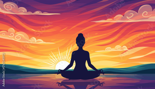 Serene silhouette of a woman meditating in a lotus pose by the water during a vibrant sunset, symbolizing peace, mindfulness, and a connection with nature, perfect for wellness and lifestyle themes.