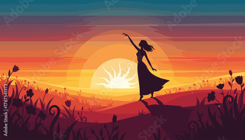 Silhouette of a woman in a flowing dress reaching her hand towards the radiant sun during a vibrant sunset, set against a backdrop of rolling hills and silhouetted flowers, evoking a sense of freedom