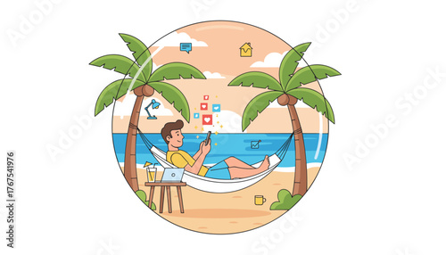 Man relaxing in a hammock on a tropical beach, checking social media on his smartphone, with icons of hearts, messages, and likes floating around, symbolizing digital connection and remote work