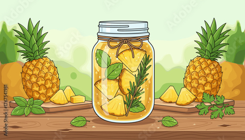 Refreshing and vibrant pineapple detox water infused with fresh mint and rosemary, presented in a mason jar surrounded by whole pineapples and sliced fruit on a rustic wooden table, evoking a healthy