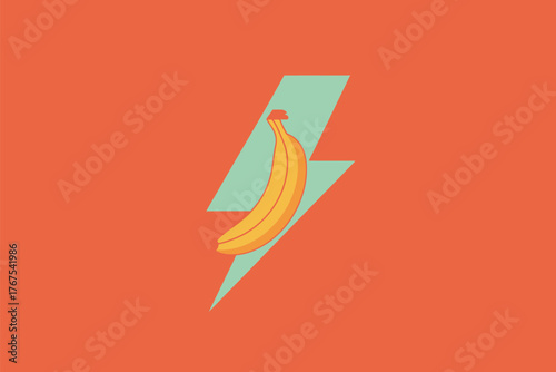 A yellow banana is displayed against a light blue lightning bolt on an orange colored background