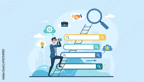 A determined businessman in a suit climbs a ladder towards search bars, binoculars in hand, symbolizing the pursuit of a new job, career opportunities, employment, and professional growth, with icons