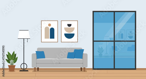 Modern living room scene with minimalist artwork and serene interior design concept