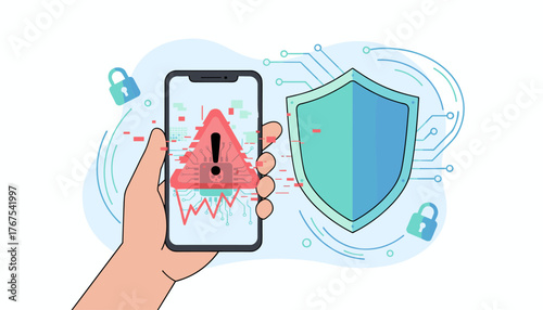 Digital security concept illustration: A hand holds a smartphone displaying a warning and caution notification with a virus icon, next to a protective shield and padlock symbols, representing cyber