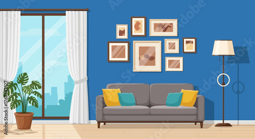 A cozy living room interior with a sofa, window, lamp, plant and wall art creating an inviting space