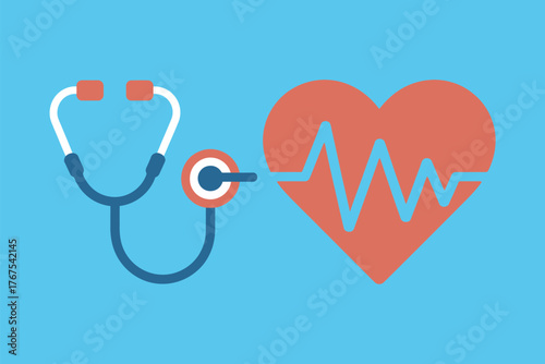 Illustration of a stethoscope next to a heart with an ekg line on a light blue background health concept