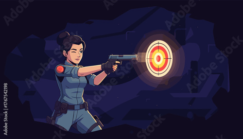 Dynamic illustration of a determined woman in tactical gear, aiming a handgun with precision at a glowing target in a dimly lit, abstract environment, conveying focus and skill in a shooting range