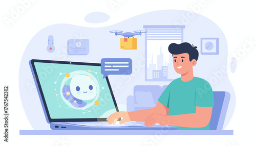 Modern AI assistant technology in daily life, showcasing a smiling user interacting with a laptop displaying a cute chatbot interface, with a drone delivering a package in the background, symbolizing