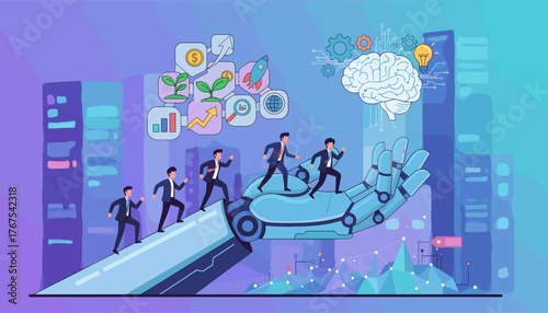 Conceptual illustration of artificial intelligence assisting business growth and innovation, with businessmen climbing a robotic arm towards a brain icon and upward trending charts, symbolizing