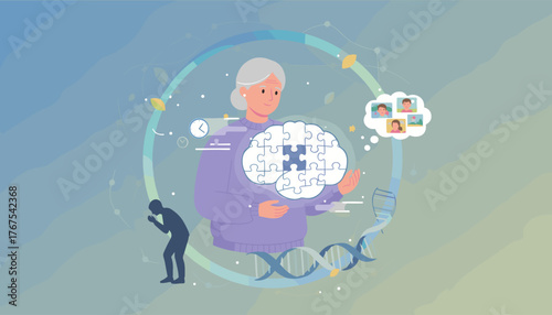 Alzheimer's disease concept illustration: An elderly woman holds a jigsaw puzzle brain, symbolizing memory loss and cognitive decline, with a DNA helix and a silhouette of a distressed person