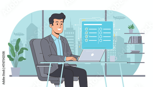 Modern businessman working on a laptop with a digital to-do list interface displayed on a futuristic screen in a bright office overlooking a cityscape with airplanes flying by, symbolizing