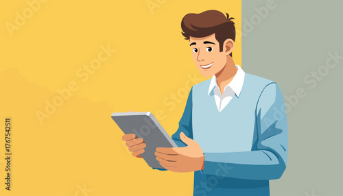 Smiling young businessman in a light blue sweater and white collared shirt holding a tablet computer, looking at the screen with a happy expression, set against a vibrant yellow and grey background