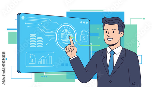 Businessman interacting with a futuristic digital interface, featuring biometric fingerprint scanning technology, financial charts, stacked coins, and a security lock icon, representing data security