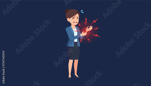 A distressed businesswoman clutches her wrist, which is highlighted with red radiating lines indicating severe pain, possibly carpal tunnel syndrome or repetitive strain injury, emphasizing workplace