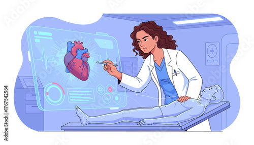 A focused female cardiologist in a white lab coat examines a holographic projection of a human heart, displaying vital signs and EKG readings, while a patient lies on a futuristic medical bed