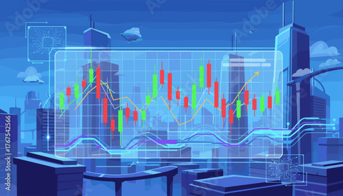 Futuristic cityscape with a transparent screen displaying a dynamic candlestick stock market chart, showing upward and downward trends with multiple lines and digital circuit graphics, symbolizing