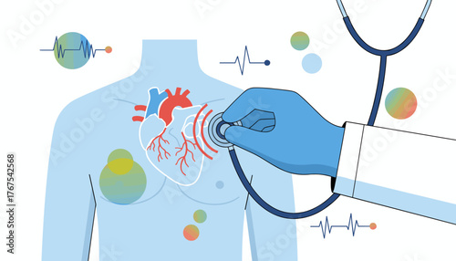 Close-up of a doctor's gloved hand using a stethoscope to examine a stylized human chest with a beating heart, surrounded by medical symbols like electrocardiograms and colorful abstract circles