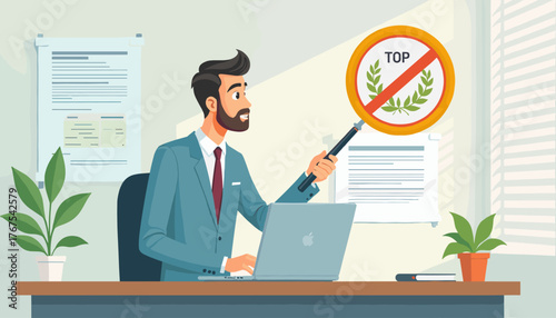 Bearded businessman in a suit points to a sign with a laurel wreath and the word "TOP" crossed out, symbolizing the rejection of top-tier service or the end of an era of excellence, in a modern